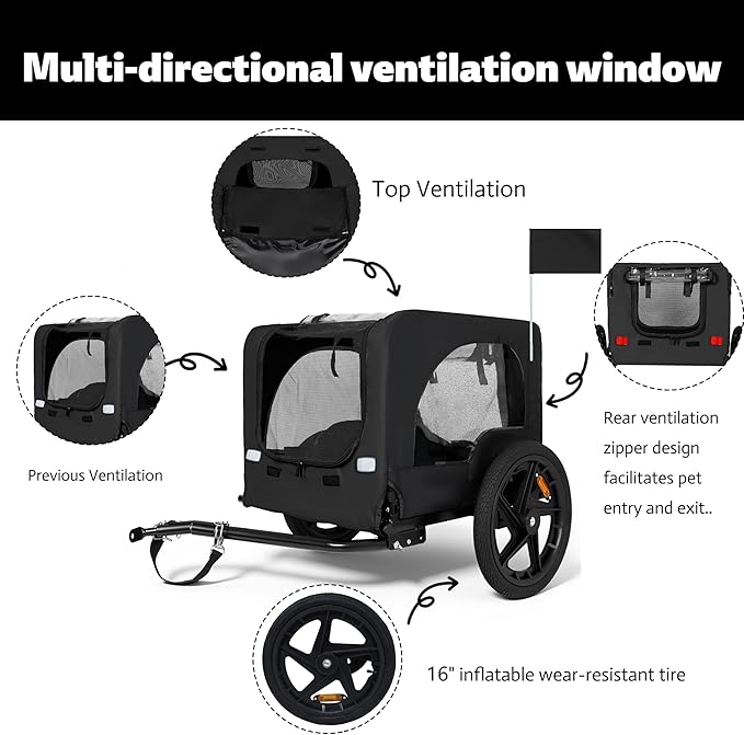Heavy-Duty Dog Bike Trailer & Collapsible Pet Carrier for Bike with 16-Inch All-Terrain Wheels, Universal Hitch, Safety Flag & Weather-Resistant Design for Outdoor Adventures