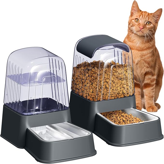 Automatic Dog and Cat Food Feeder and Water Dispenser Set with Stainless Steel Bowls,Gravity Pet Food and Water Feeders,100% BPA-Free,Large Capacity for Cats Dogs Pets…(3.5L Dark Gray)