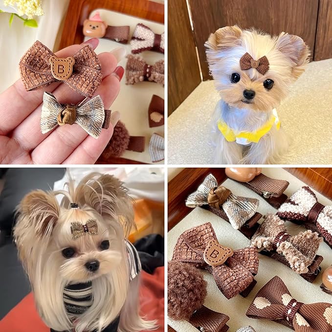 10pcs Brown Dog Hair Clips 10pcs Rubber Bands Small Dog Bows Beige Cute Pet Grooming Accessories Alligator Clips Stay In Hair Bear Barrettes Hairpin Topknot Headdress Yorkie Puppy Maltese Girls Dogs