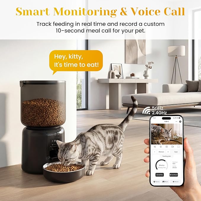 Automatic Cat Feeder with 1080p HD Camera, Automatic Dog Feeder with App Control via 2.4G/5G WiFi, Dual Power System & Voice Recording, 4L Food Dispenser for Cats and Small Dogs, Black