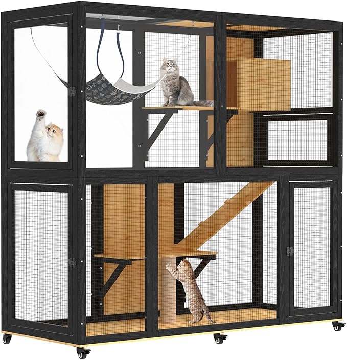 Catio Indoor Cat Enclosure on Wheels, 2-Tier Large Cat Catio for Multiple Cats, Wooden Kitty Cage with Resting Box, Platform, Sunshine Roof, Black and Yellow