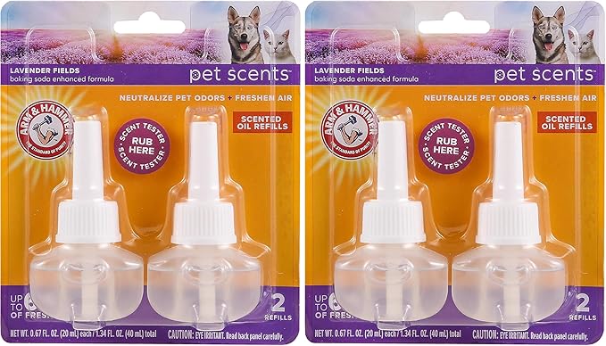 Arm & Hammer For Pets Scents Plug-in Scented Oil Refills in Lavender Fields, 4-Pack | Home Deodorizer For Pet Smells | Room Deodorizer for Homes with Pets, 0.67 Fl Oz x 2