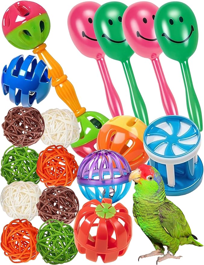 18-Pack Bird Toys for Parrots – Colorful Bells & Woven Balls for Fun Exercise & Mental Stimulation, Fits Small to Large Birds (1.5'' - 5.5'')