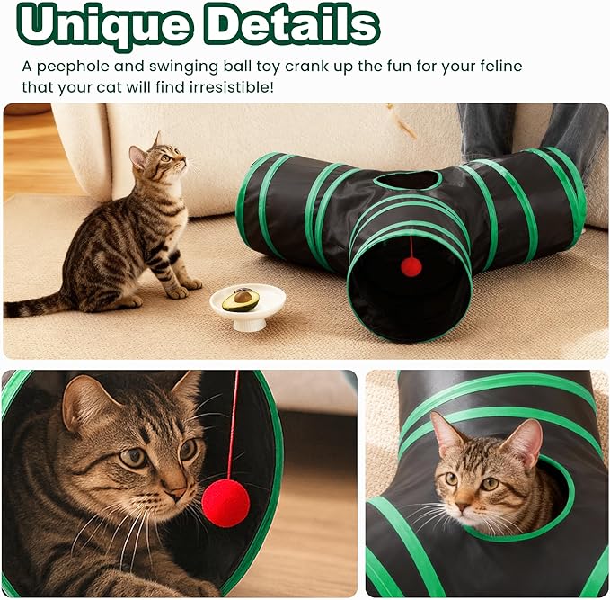 Love’s Cabin Cat Tunnel for Indoor Cats, 3-Way Collapsible Play Tunnel with Teaser Wand, Peek Holes & Toy Ball, Small Pet Toy for Kittens & Rabbits, Black & Green, Small Size