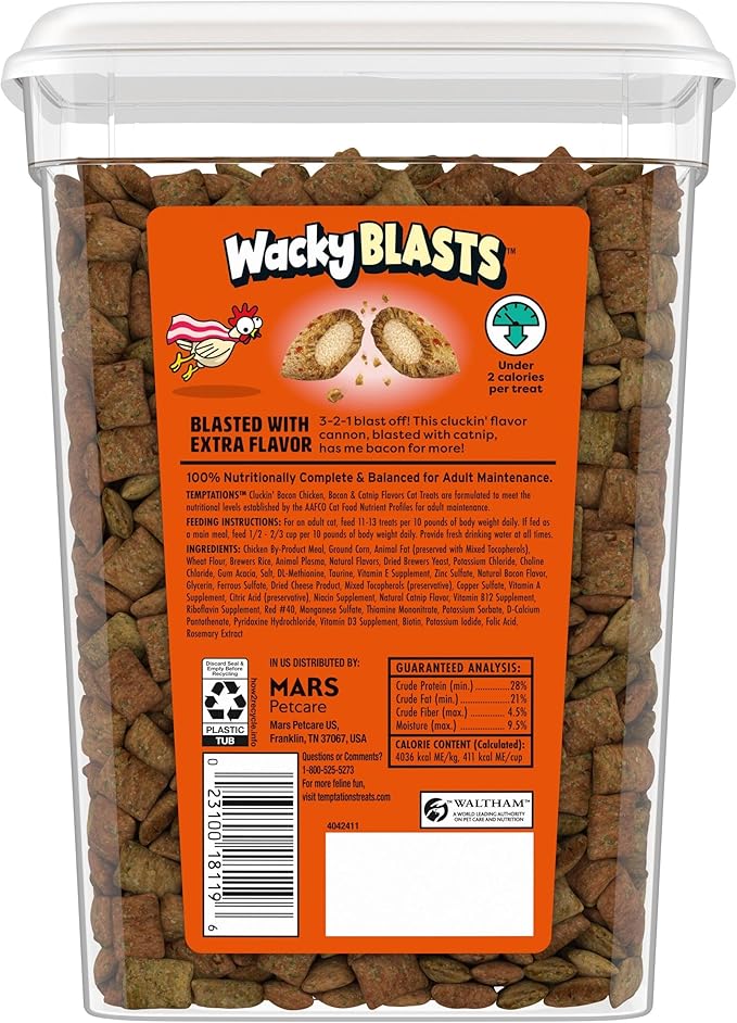 Temptations Wacky Blasts Cat Treats, Cluckin’ Bacon Flavor, 16 oz. Tub