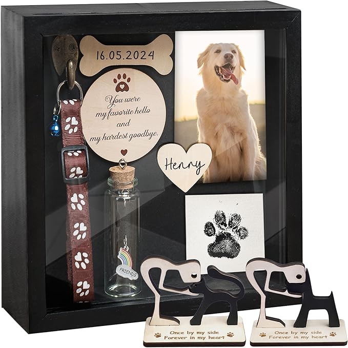8.6'' Pet Memorial Gift Shadow Box Black Collar Holder Picture Frame Pet Paw Ink Kit Dog Wooden Sculpture Bottle Rainbow Pet Hair Keepsake Gift Loss of Dog Cat Tabletop Wall Hanging PSD-4B