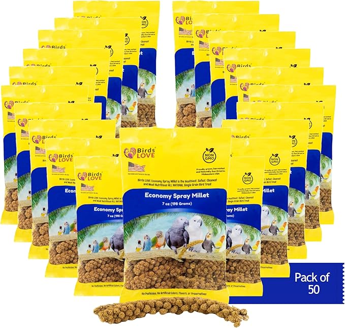 Birds LOVE Economy & Special Spray Millet GMO-Free (No Stems Only Edible Tops) for Birds Cockatiel Lovebird Parakeet Finch Canary All Parrots Healthy Treat - 7oz (Pack of 50)