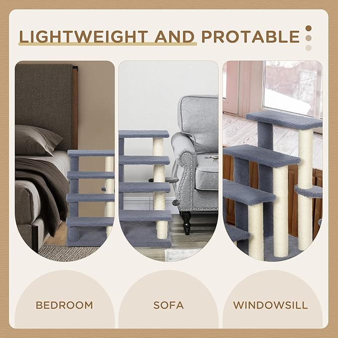 PawHut 4 Levels Cat Steps, Pet Stairs Carpeted Ladder, Kitten Tree Climber with Scratching Posts, Hanging Play Ball, Side Step, for High Bed, Sofa, Gray