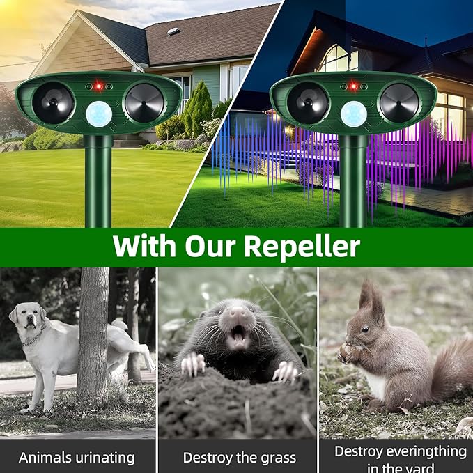 Upgraded Solar Ultrasonic Animal Repellent Outdoor Motion Activated Cat Deer Repellent for Yard Garden, 2 Pack Raccoon Opossum Dog Deterrent Effective Sqiuirrel Rabbit Skunk Repeller