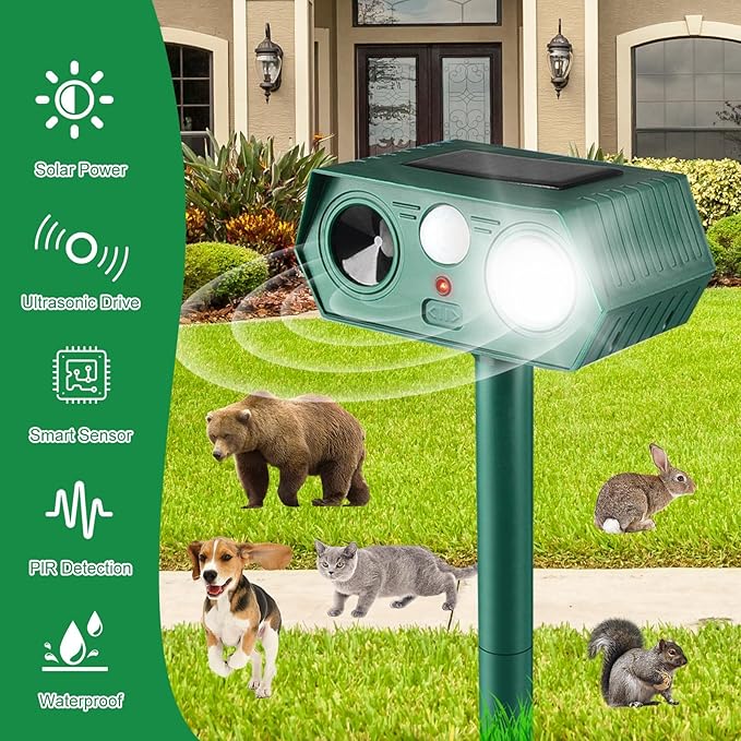2025 Solar Animal Repellent,Upgraded Ultrasonic Cat Repellent Outdoor,Waterproof Deer Deterrent for Bird Dog Skunk,Squirrels Deterrent with Motion Detection Flash Lights for Outdoor Farm (2 Pack)