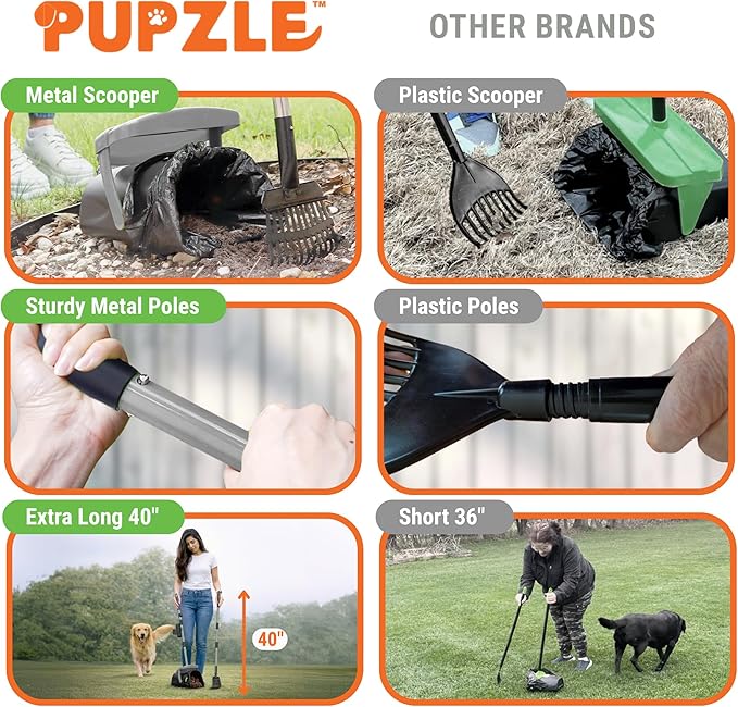 Pupzle Dog Pooper Scooper with Bag Attachment, 40" Long Handle Pooper Scooper for Large Dogs, Dog Poop Scoop for Yard, Large Capacity Swivel Bin and Rake, Lavender Scented Bags (Grey)