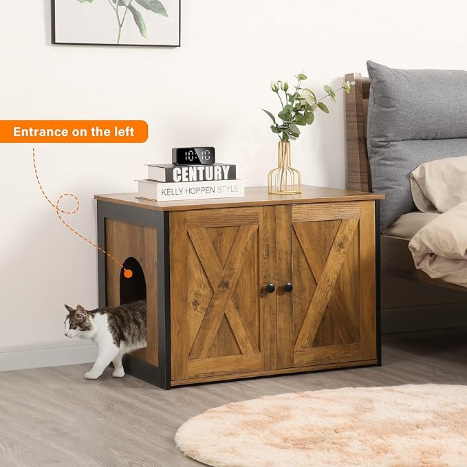 Dwanton Litter Box Enclosure, Cat Litter Box Furniture Hidden, Reversible Entrance Can Be on Left or Right Side, Wooden Cat Washroom Indoor, Warm Brown, 27.6 Inches