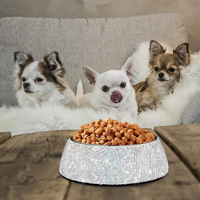 SlowVibes Bling Stainless Steel Dog Bowls,7oz Detachable Rhinestone Metal Food Water Bowl for Feeding Dogs Cats,Rust Resistant Non-Slip Puppy Dish with Gems,Sparkle Essentials for Small Girly Pets