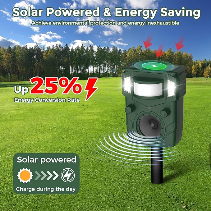 Solar Ultrasonic Animal Repellent, Multi-Modes Deer Repellent Devices,Cat Deterrent Outdoor, Squirrel Raccoon Dog Deterrent with Motion Sensor & Ultrasonic Waves for Garden Yard 1PC Green