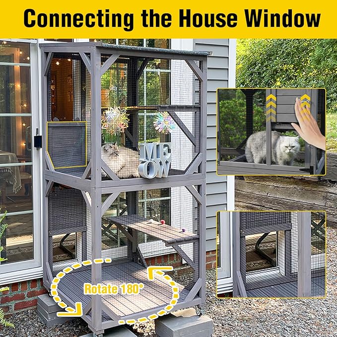 Aivituvin Catio Outdoor Cat Enclosure Wooden Cat Cage with Window Access Large Kitty House on Wheels Indoor Patio (Large)