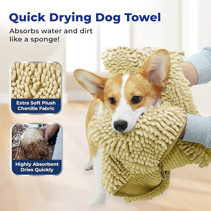 Muddy Mat® Doggy Dryer, Highly Absorbent Microfiber Washable Dog Shammy, Quick Drying Towel Absorber, Extra Soft Plush Wrap Chenille Bath Towels to Dry Soggy Large Pets & Small Puppy - Beige