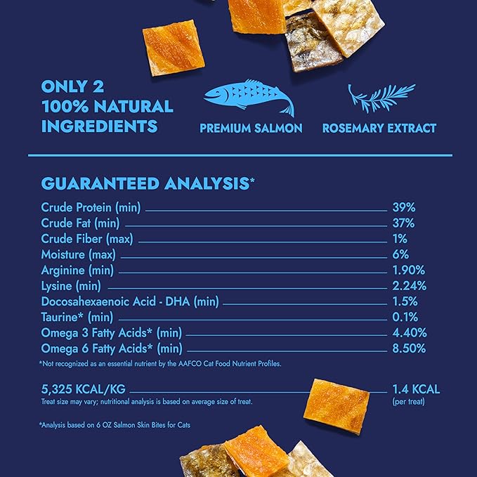Finfare Freeze Dried Salmon Skin Bites, Grain Free Crunchy Salmon Cat Treats, High Protein & Omega-3s for Skin & Coat Health, Crafted in USA, 6oz