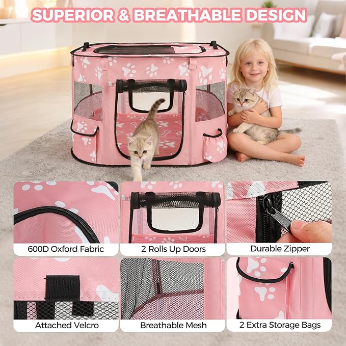 Homimp Portable Pet Playpen for Indoor Cats & Puppies, Foldable Dog Playpen Outdoor Tent Crate Cage with Pee Pad & Carry Bag, Pet Crate with Mesh Sides for Small Animals Travel, Pink S