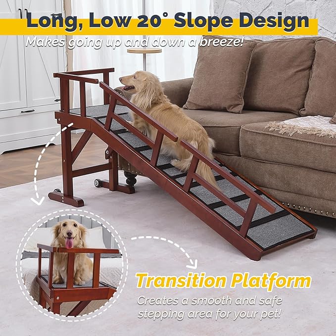 Dog Ramp for Bed or Couch, Wooden Pet Ramp with 20° Gentle Slope, Removable Side Rails, Non-Slip Surface, Top Platform & Wheels, Safe Bed Ramp for Small, Large & Senior Dogs, 60" Long, Mahogany