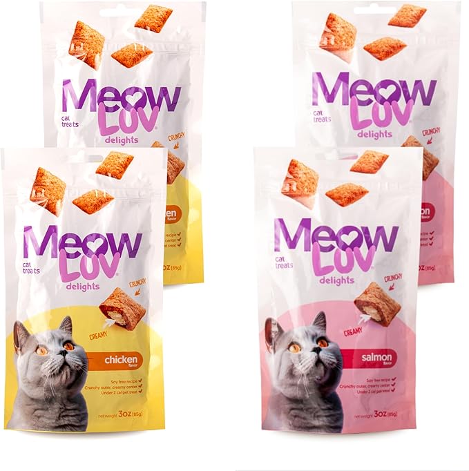 Ultra Chewy Meow Luv Delights Crunchy Cat Treats with Creamy Center - Salmon and Chicken Flavors - Premium Cat Snacks - Soy-Free Recipe - Salmon Flavor - Healthy Treats for Indoor Cats - 4 Pack