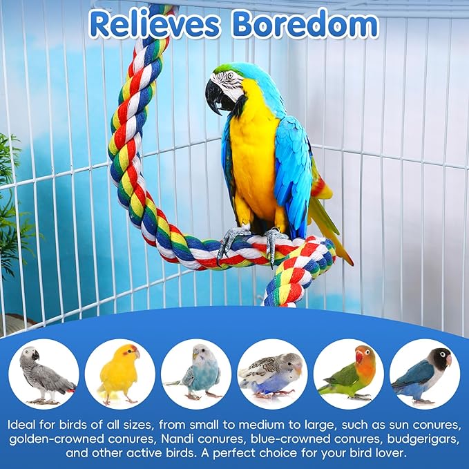 Colorful Bird Rope Perch Stand, Birdcage Swing Spiral Toys, Bird Climbing Standing Bungee Rope Perches Chew Toys Cage Accessories for Cockatiels Parrots Birds (15.7 inch /40 cm)