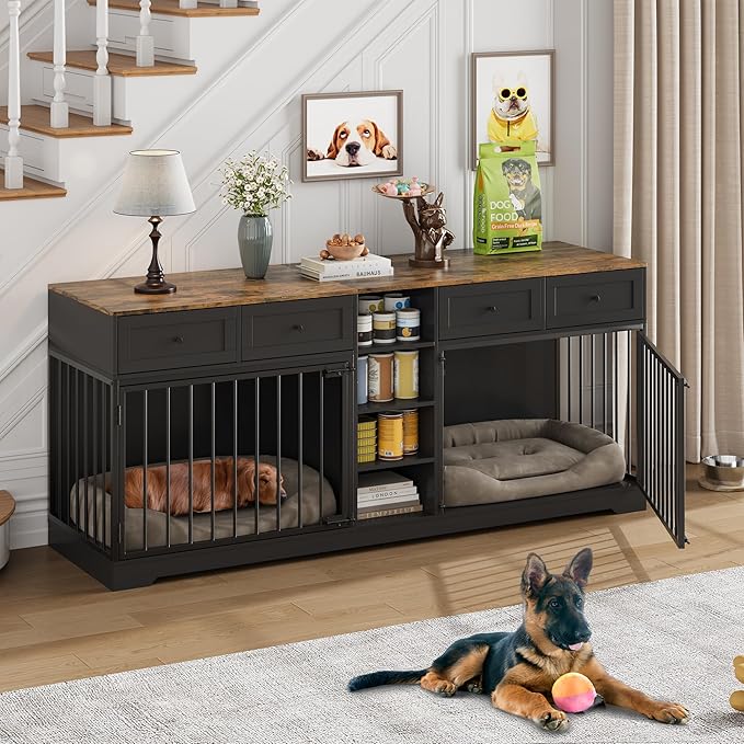 GAOMON Dog Crate Furniture for 2 Dogs, 82'' Large Dog Kennel Indoor with 4 Storage Drawers and 4 Shelves, Double Dog Crate TV Stand for Medium and Large Dogs, Black