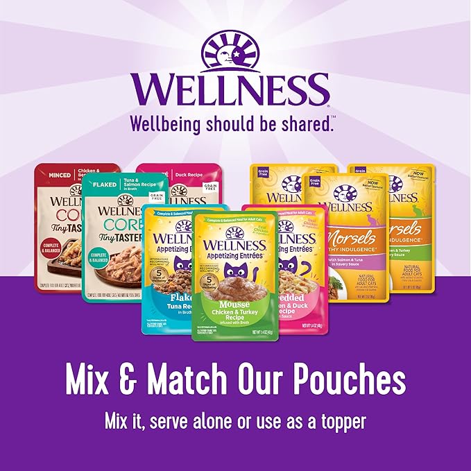 Wellness CORE Tiny Tasters Pate Adult Wet Cat Food, Natural, Protein-Rich, Grain Free, 1.75-Ounce Pouch, 12 Pack, (Seafood Variety Pack)