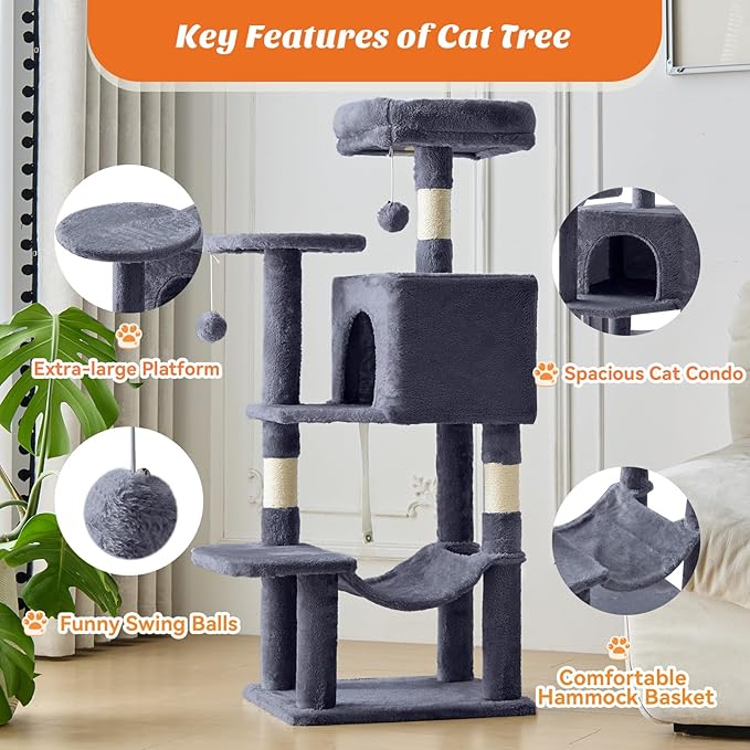 Sweetcrispy 44 Inch Cat Tree Tower, Cat Climbing Tower with Natural Sisal Scratching Posts, Hammock, Pet Condo for Indoor Cats and Kittens Play, Dark Grey