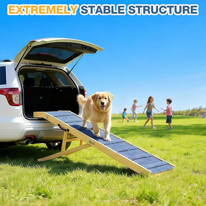 Foldable Dog Ramp for Bed/Couch/Car, 75'' Extra Long Wood Ramp with Anti-Slip Carpet, Gentle Long Slope, Top Landing Platform, 5 Adjustable Heights, Up to 200 Lbs, Ideal for Older and Larger Dogs