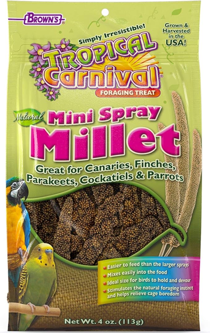 F.M. Brown's Tropical Carnival Natural Mini Spray Millet Foraging Treat for Canaries, Finches, Parakeets, Cockatiels, and Parrots, 4-oz Bag - USA Grown and Harvested