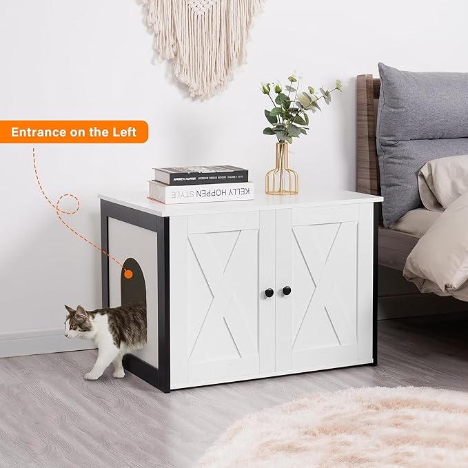 Dwanton Litter Box Enclosure, Cat Litter Box Furniture Hidden, Reversible Entrance Can Be on Left or Right Side, Wooden Cat Washroom Indoor, White, 27.6 Inches