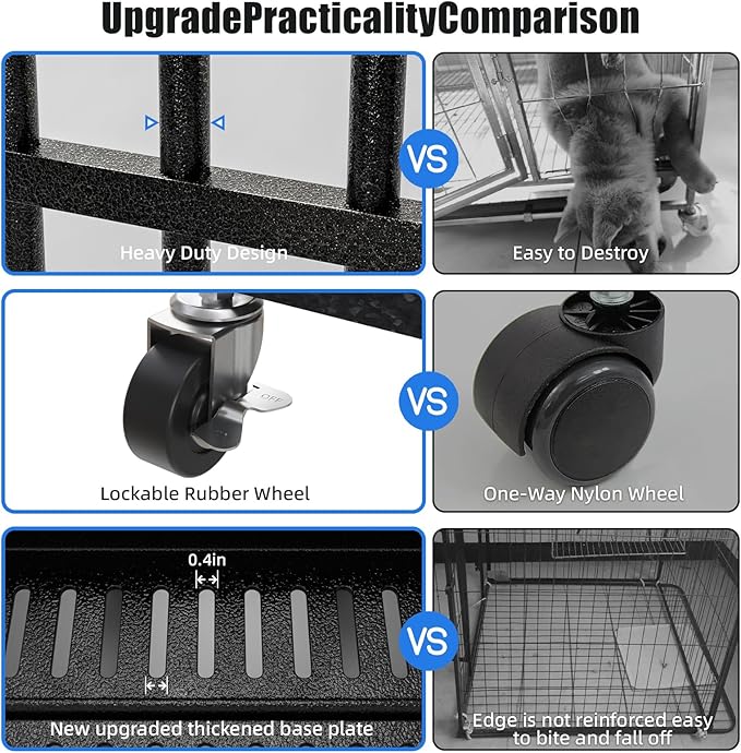 48 Inch Heavy Duty Indestructible Dog Crate, XL Steel Escape-Proof Kennel for Large Dogs, Double Door Design with 4 Locking Wheels & Reinforced Baseplate, Ideal for High-Anxiety Dogs