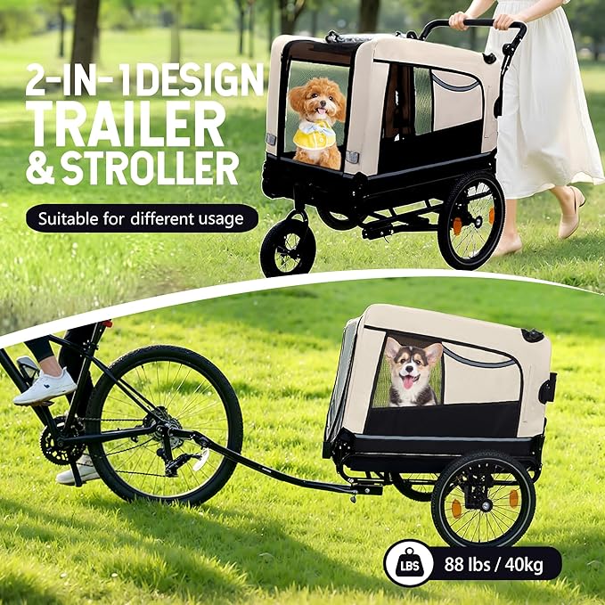 Extra Large 2-in-1 Bike Trailer & Push Cart for Pets - Detachable Bike Hitch & Push Handle Included - All-Terrain Wheels, Quick Release Wheel, Non-Slip Floor, Internal Leash, Holds Up to 88 lbs