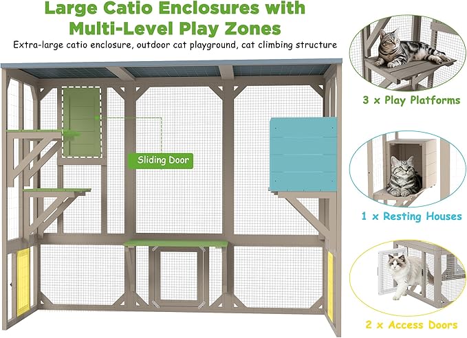 PetsCosset Catio Outdoor Cat Enclosures 4 Story Large Cat's House for Indoor Outdoor Window Catio Wooden Outside Kitty Patio with Resting Room,Waterproof Roof,Jumping Playforms (47" H Cat Catio)