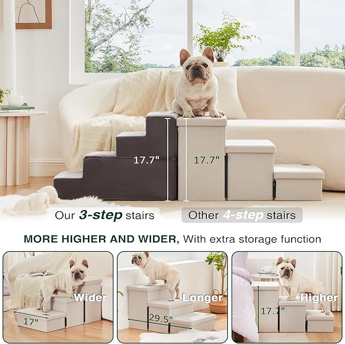 Love's cabin Dog Stairs for High Bed 18" H, Foldable Pet Stairs for Small Medium or Large Dogs Puppy with Storage for Bed or Couch, Cat Dog Steps Ramp with Zip up to 200 lbs, Beige, 3 Steps