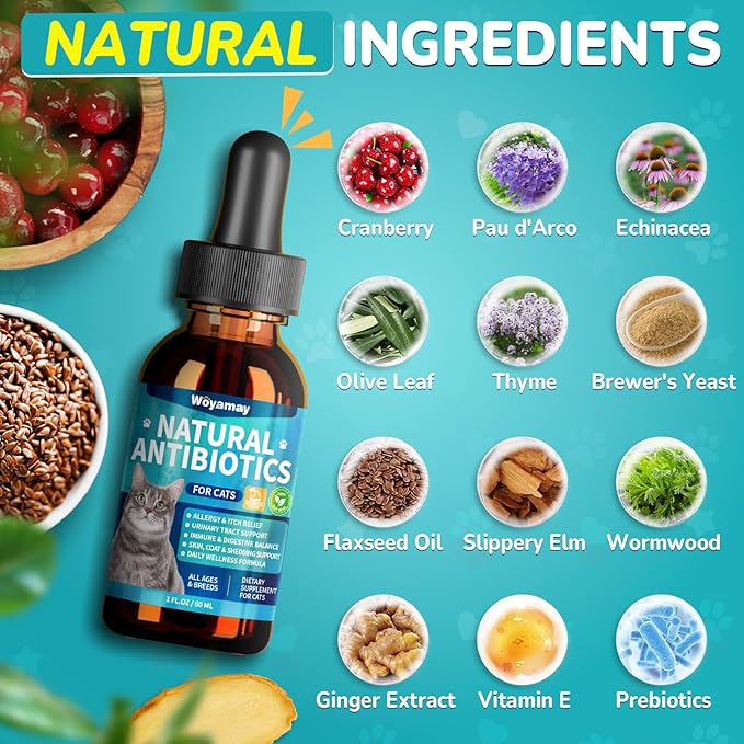 Antibiotics for Cats, Natural Antibiotic for Allergy Relief, Urinary Tract Health, Itch Relief & Digestion Care, Cat Allergy Relief for Cats, Cat Immune Support Supplement, 2 Fl Oz