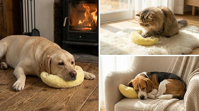 Deocove Pet Calming Pillow – 12-Inch U-Shaped Neck Support – Removable Filling to Add Pet’s Own Hair for Scent Comfort – Soft Plush Snuggle Toy for Anxiety Relief (Yellow)