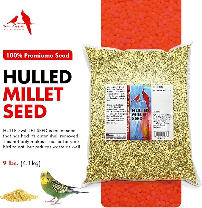Morning Bird Hulled Millet 9 lbs – Nutritious Hulled Millet Seed - Waste Free - No Mess - Easily Digestible with High Fiber, Rich in Vitamins & Minerals for Birds, Ideal Bird Feed for All Bird Types