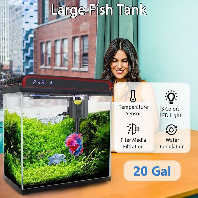 20 Gallon Fish Tank Smart Aquarium Kit, Glass Small Aquarium Starter Kits Self Cleaning with 3 Types of LED Lights and Filter Water Pump, Water Temperature Detection Ultra Quiet Gift for Kid