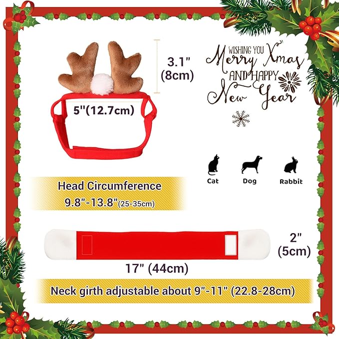 PETLESO Cat Reindeer Antlers with Christmas Scarf, Small Dog Santa Costume, Pet Xmas Outfits for Kitten, Puppy