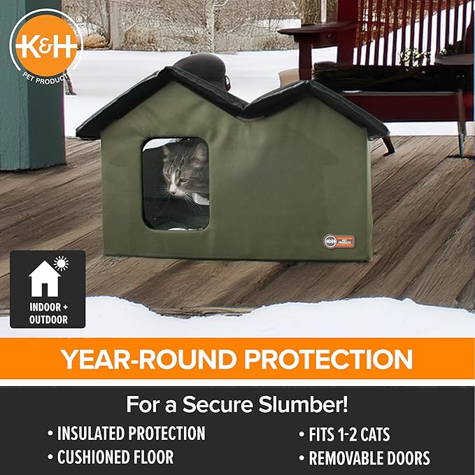 K&H Pet Products Extra-Wide Outdoor Cat House for Outside Pets, Weatherproof Outdoor House for Large Cats, Insulated Kitty Shelter, 2 Doors, Waterproof Removable Floor Pad, Unheated - Olive