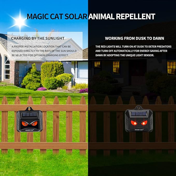 MAGIC CAT 4 Pack Solar Animal Repeller Outdoor, 2024 Nocturnal Animal Predator Deterrent with Red Lights, Waterproof Skunk Deer Coyote Raccoon Squirrel Cat Repellent for Garden Yard Farm Chicken Coop