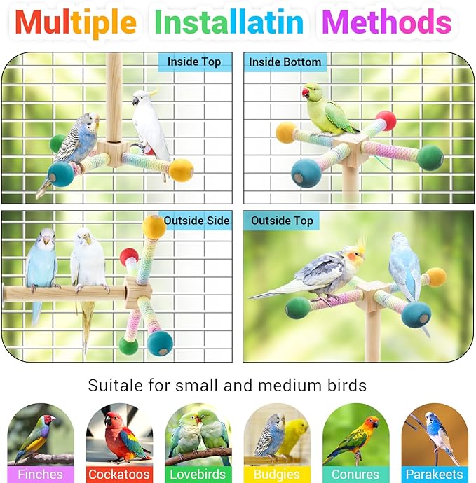 Bird Rotating Perch Toys,Parakeet Interactive Stand Perch Chew Toy,Wooden Exercise Wheel Parrot Toys,Cockatiel Toys for Bird Cage Accessories for Small and Medium Parrots (4 Perch)