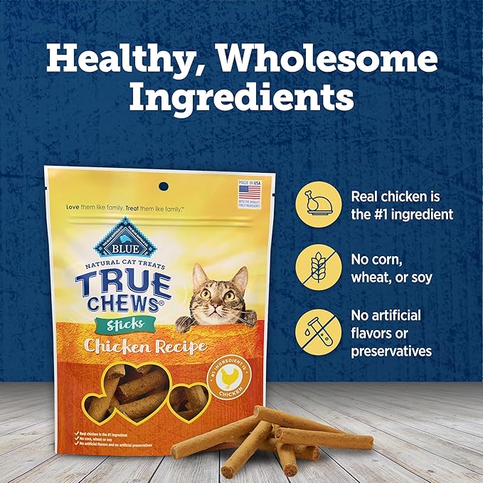 Blue Buffalo True Chews Sticks Natural Cat Treats, Chicken Recipe, Meaty & Savory Treats Made in The USA, 3-oz Bag