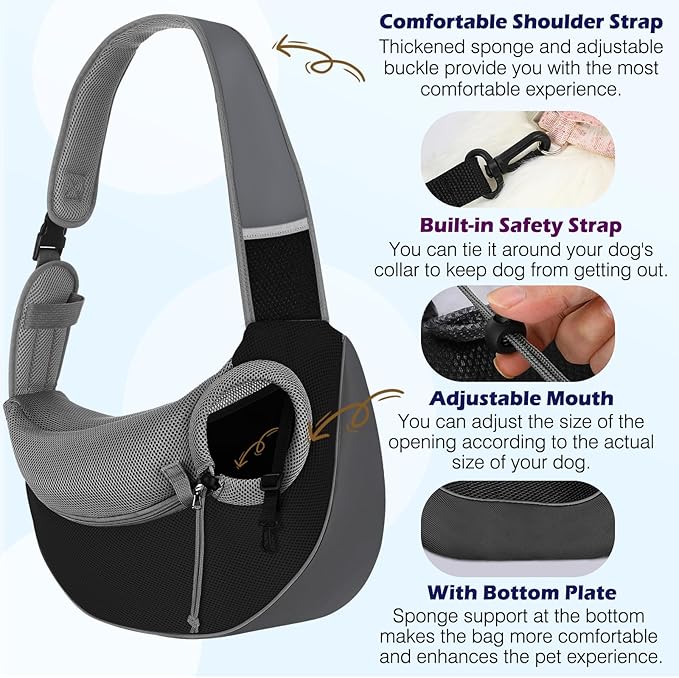 Pawaboo Pet Dog Sling Carrier, Hand Free Drawstring Dog Papoose with Adjustable Strap, Breathable Mesh Bag for Puppy Cat, Crossbody Satchel Dog Purse with Pocket for Outdoor, Dark Gray+Black, Medium