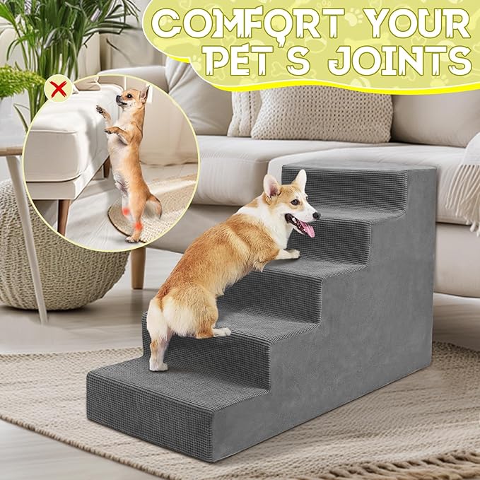 Niubya Dog Stairs for Small Dog and Cats,23”H Non-Slip Bottom Pet Steps for High Beds and Couch,Extra Wide High-Density Foam Pet Stairs Grey,5 Steps