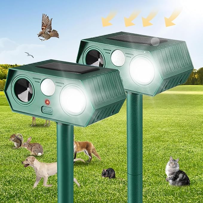 2025 Solar Animal Repellent,Upgraded Ultrasonic Cat Repellent Outdoor,Waterproof Deer Deterrent for Bird Dog Skunk,Squirrels Deterrent with Motion Detection Flash Lights for Outdoor Farm (2 Pack)