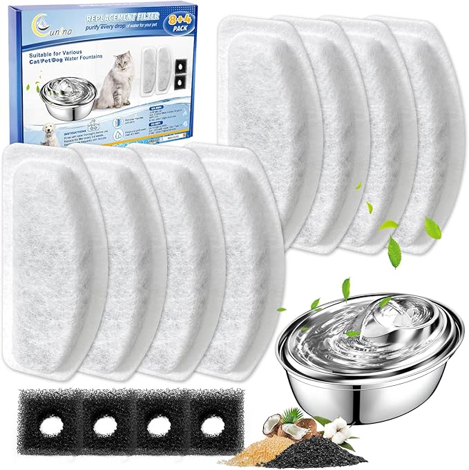 Cat Water Fountain Filters Replacement Compatible with ORSDA D30 67oz/2L Pet Water Fountains, 8 Pack Cat Fountain Filter & 4 Pack Replacement Pre-Filter Sponges for D30 Automatic Cat Fountain