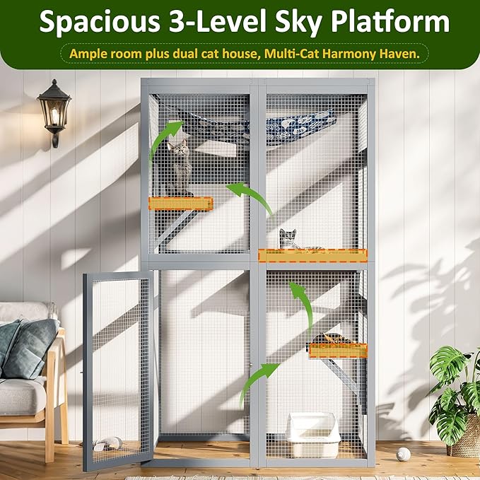 64 Inch Catio Outdoor Cat Enclosure, Large Cat House for Outdoor Cats with Updated Framework Structure, Outside Cat Patio Cattery Weatherproof for Multiple Cats, Grey