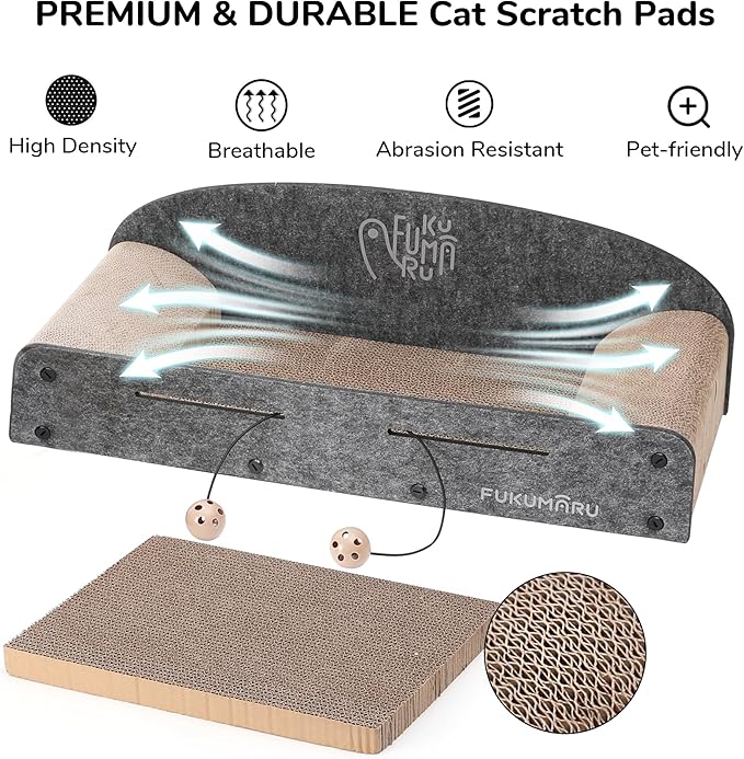 FUKUMARU 26 Inch Cat Scratcher Bed, 2 Reversible Cardboard Cat Scratch Pads Refill for Indoor Cats, Durable Large Cats Scratching Bed Sofa Couch Lounger with Fun Toys, Furniture Protector, Grey